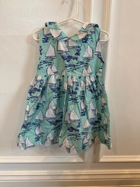 Girls' Mint Sailboat Print Cotton Dress with Peter Pan Collar